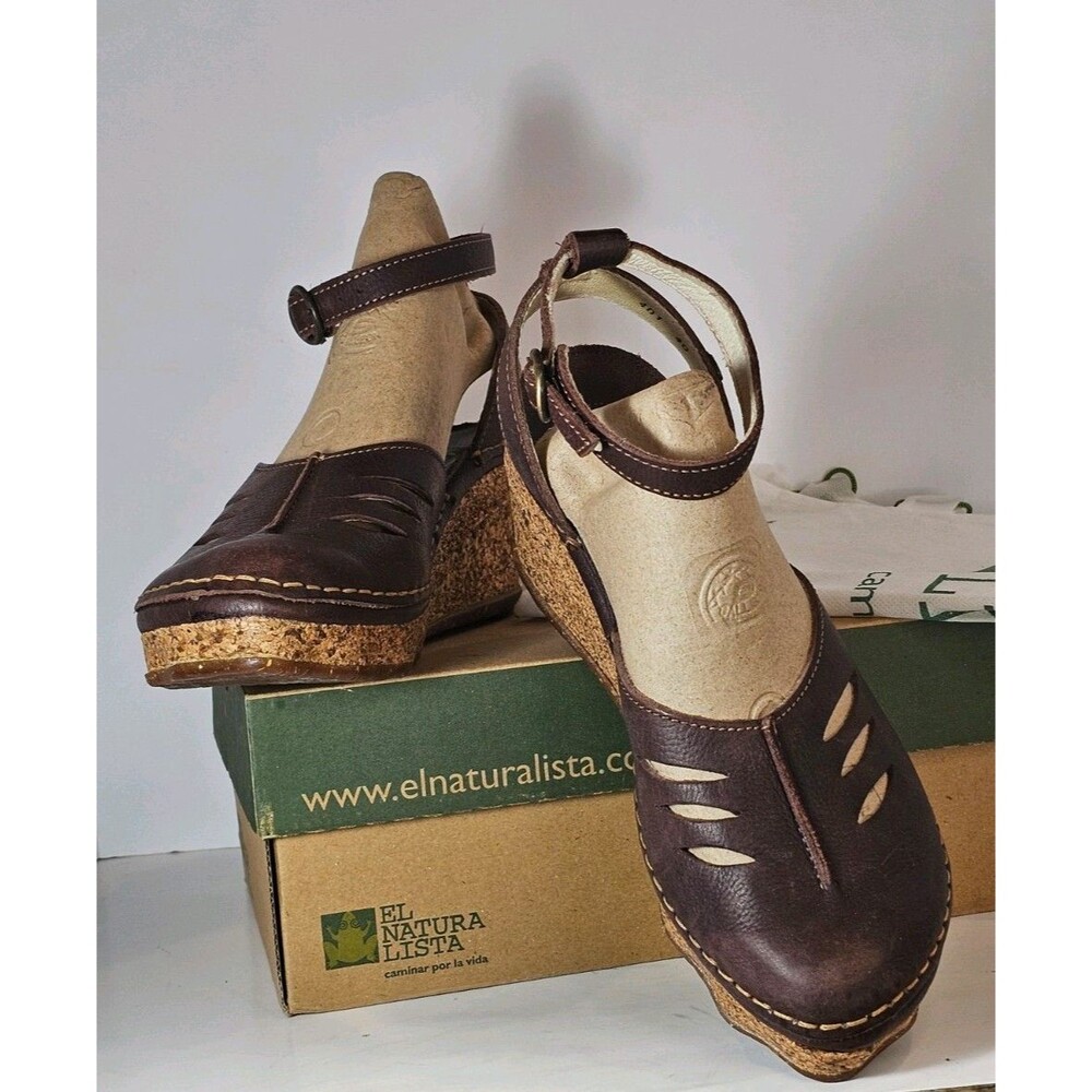 El Naturalista N401 Cork Oak Brown Leather Wedge Sandals US 9 EU 40 NIB Dust Bag